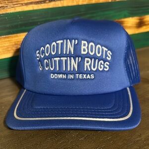 Amigo “Scootin’ Boots” Blue Trucker Hat with Embroidered Text